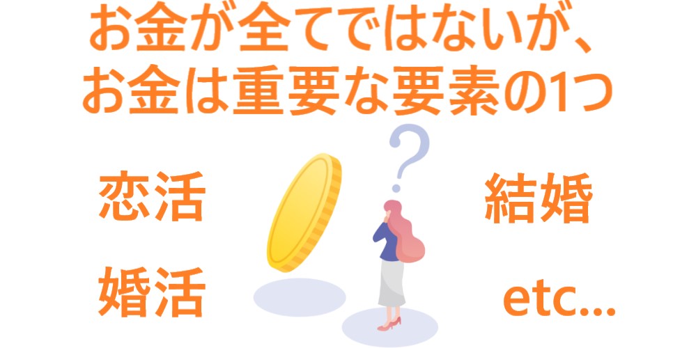 イラスト…恋活・婚活・結婚等では、お金が全てではないが、お金は重要な要素の1つ